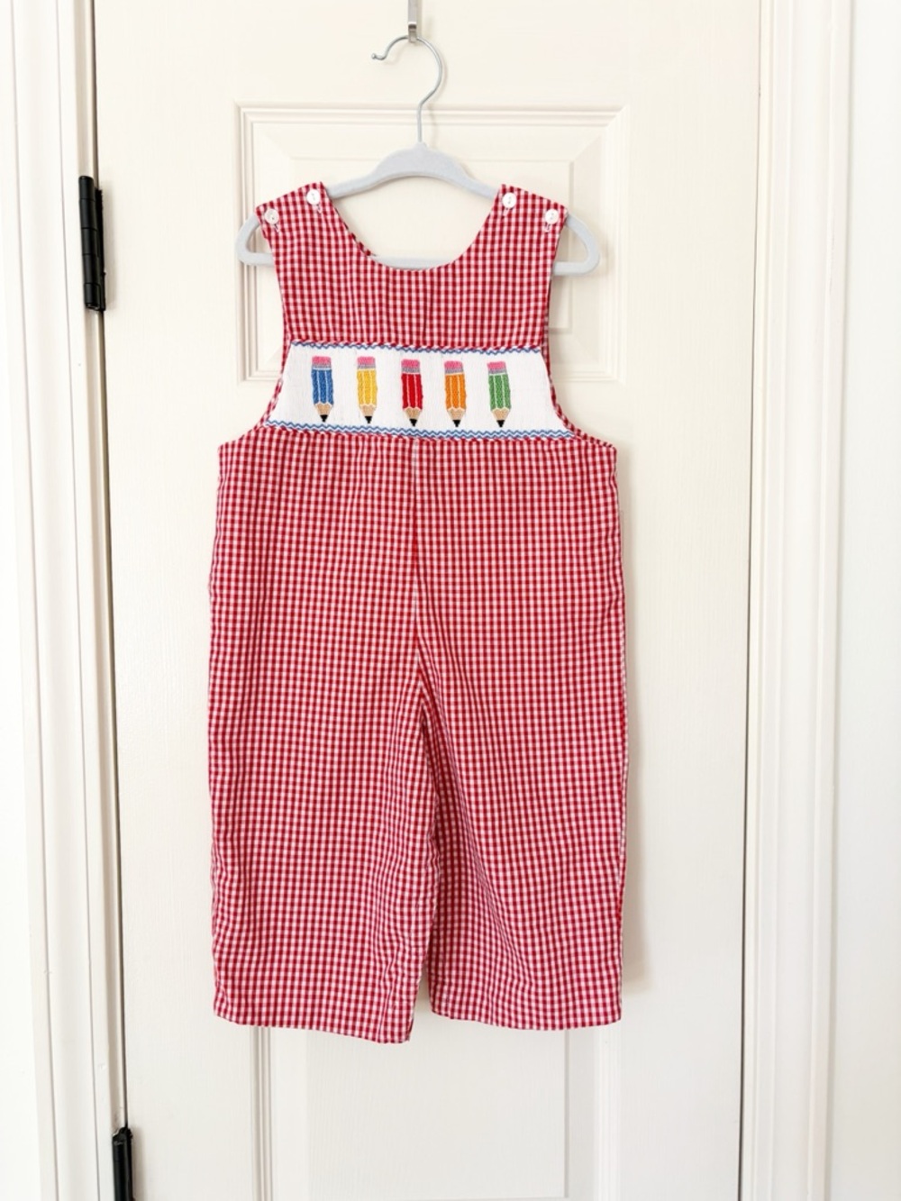 Toddler Boy Red Gingham Smocked Pencil Appliqué Kids Overalls back to school